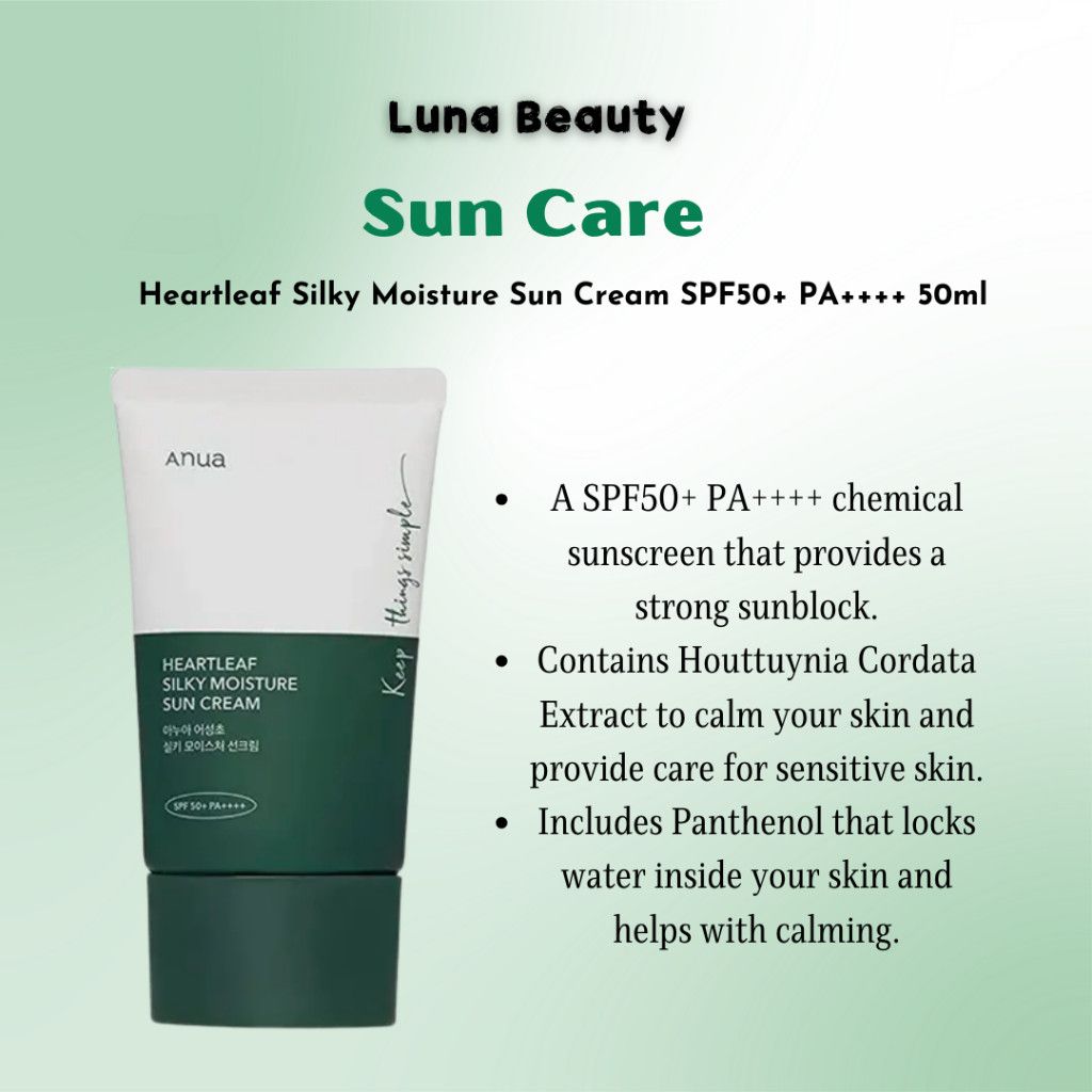 Anua Heartleaf Silky Moisture Sun Cream SPF 50+ PA++++🌞🍃